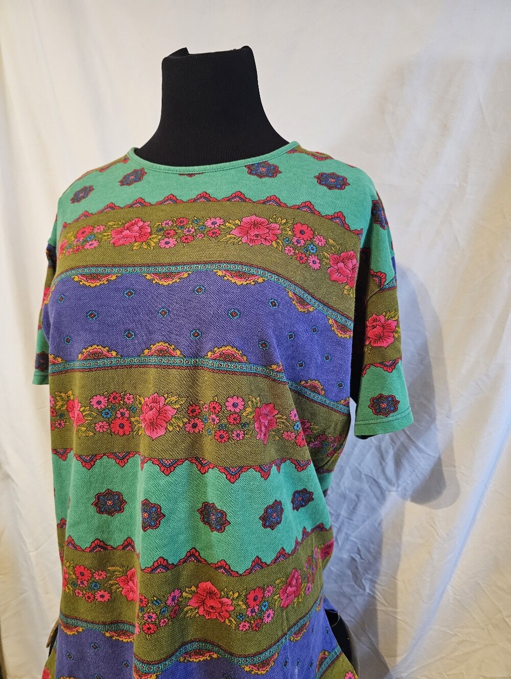 Women's Floral Stripe Short Sleeve Top - Green & Purple The Limited VINTAGE SMAL